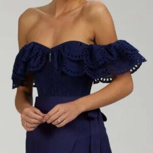 Corset Story Navy Broderie Anglaise Cotton Corset Top With Frill Sleeves